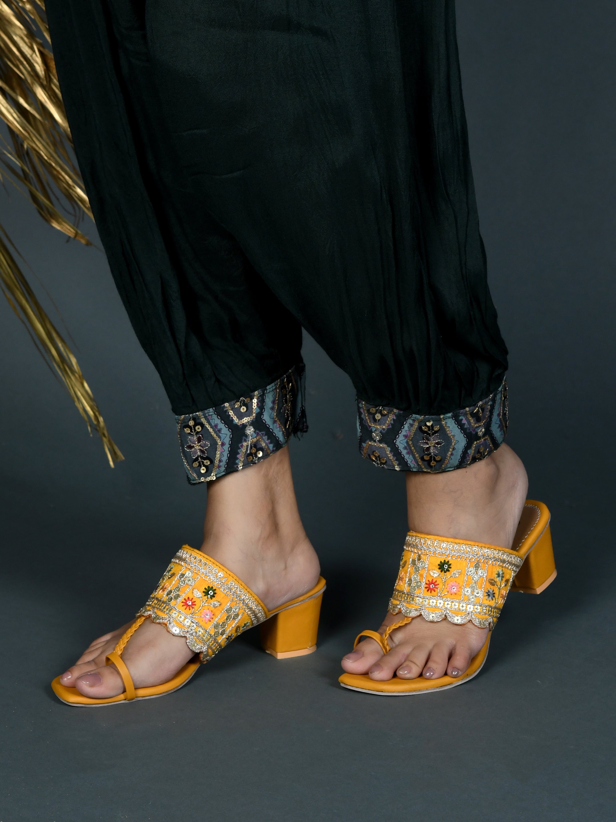 Shunya Women Comfortable Yellow Ethnic toe ring Hand Embroidery lace Open Square Toe Block Heel Slip-On Sandal For Traditional and Wedding Occassions
