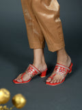 Shunya Women Comfortable Red Ethnic toe ring Hand Embroidery lace Open Square Toe Block Heel Slip-On Sandal For Traditional and Wedding Occassions