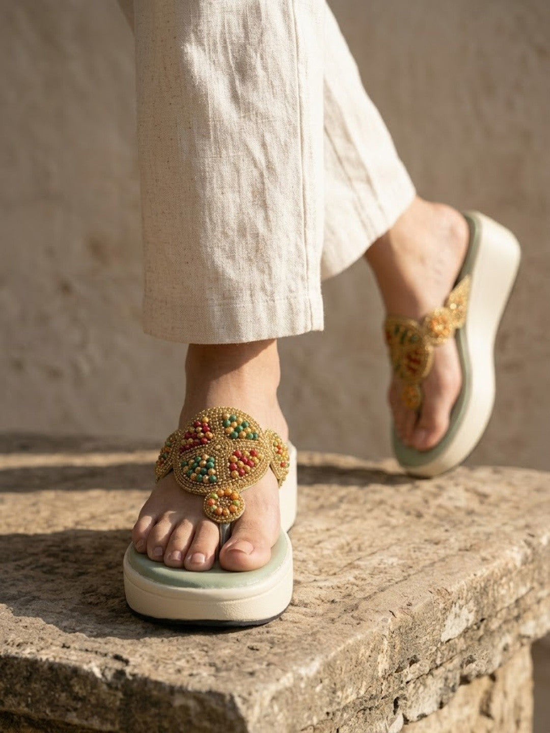 Sage Green Beaded Platform Wedges