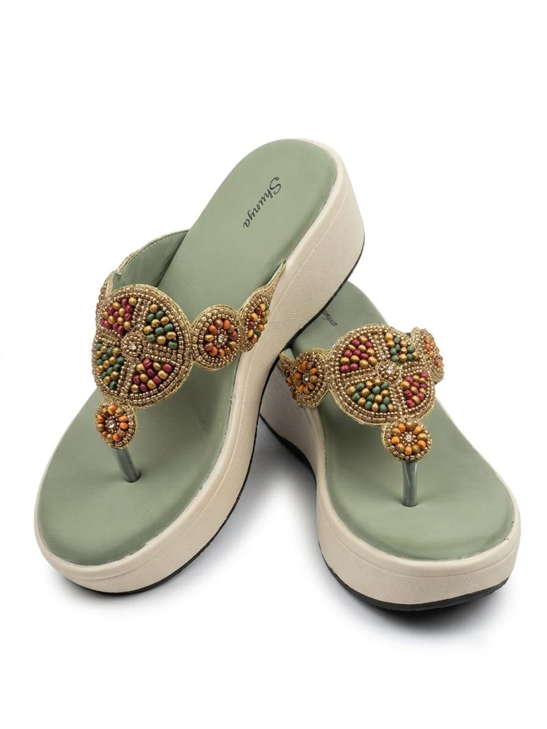 Sage Green Beaded Platform Wedges