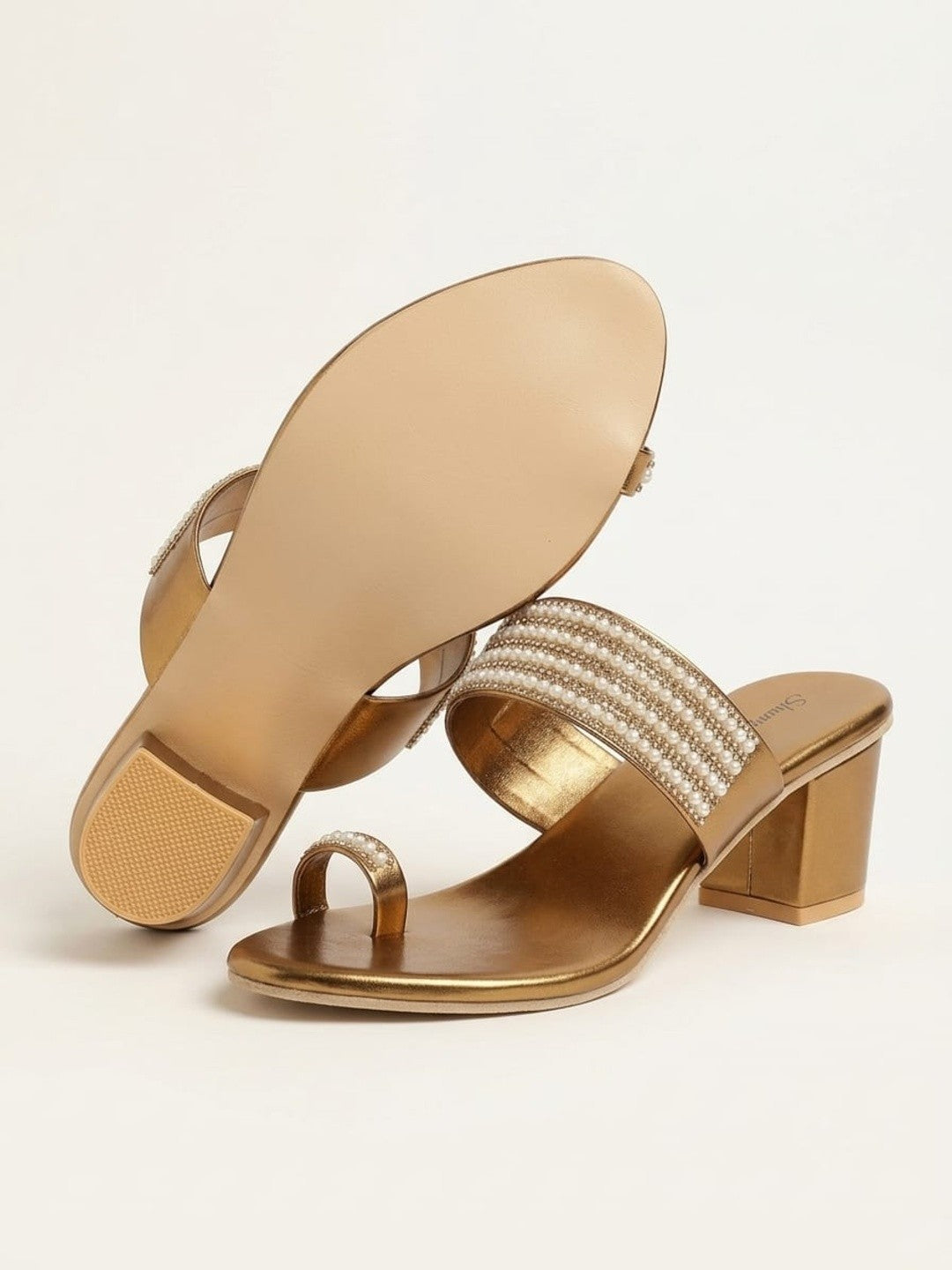 Antique Gold Pearl Toe-Ring Block Heels