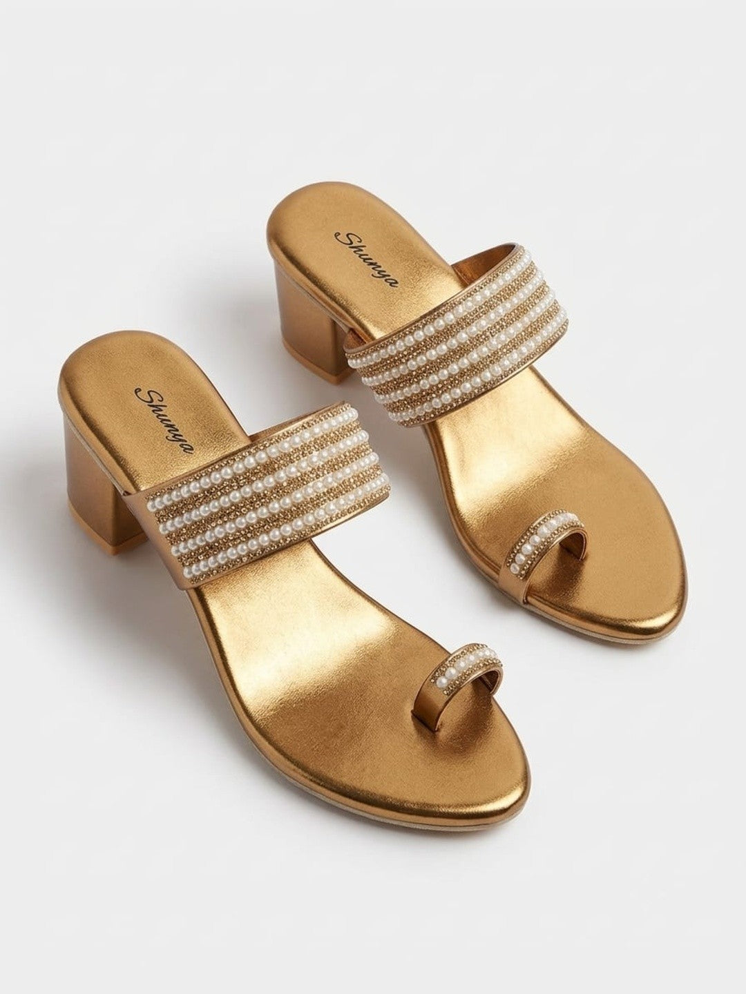 Antique Gold Pearl Toe-Ring Block Heels