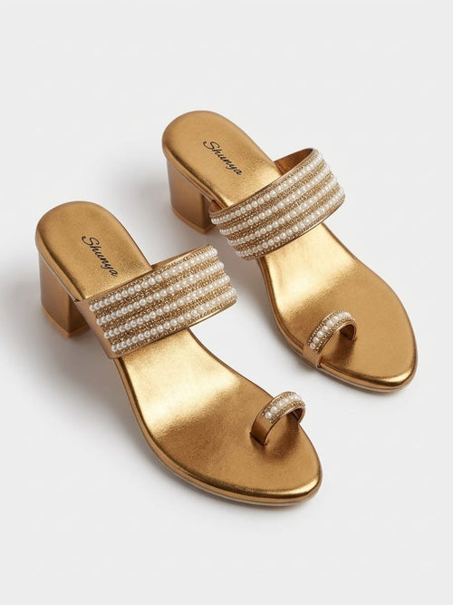 Antique Gold Pearl Toe-Ring Block Heels