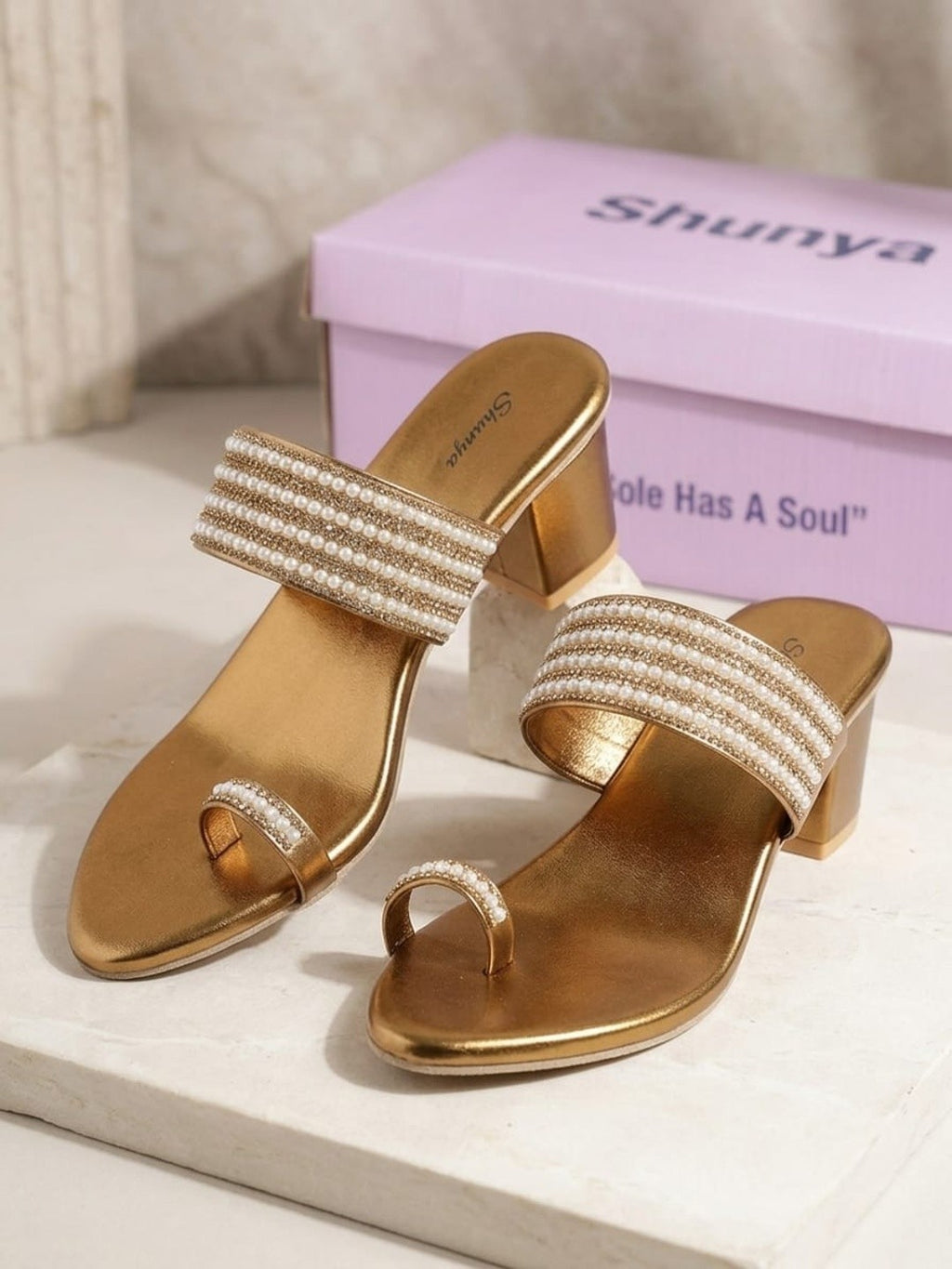 Antique Gold Pearl Toe-Ring Block Heels