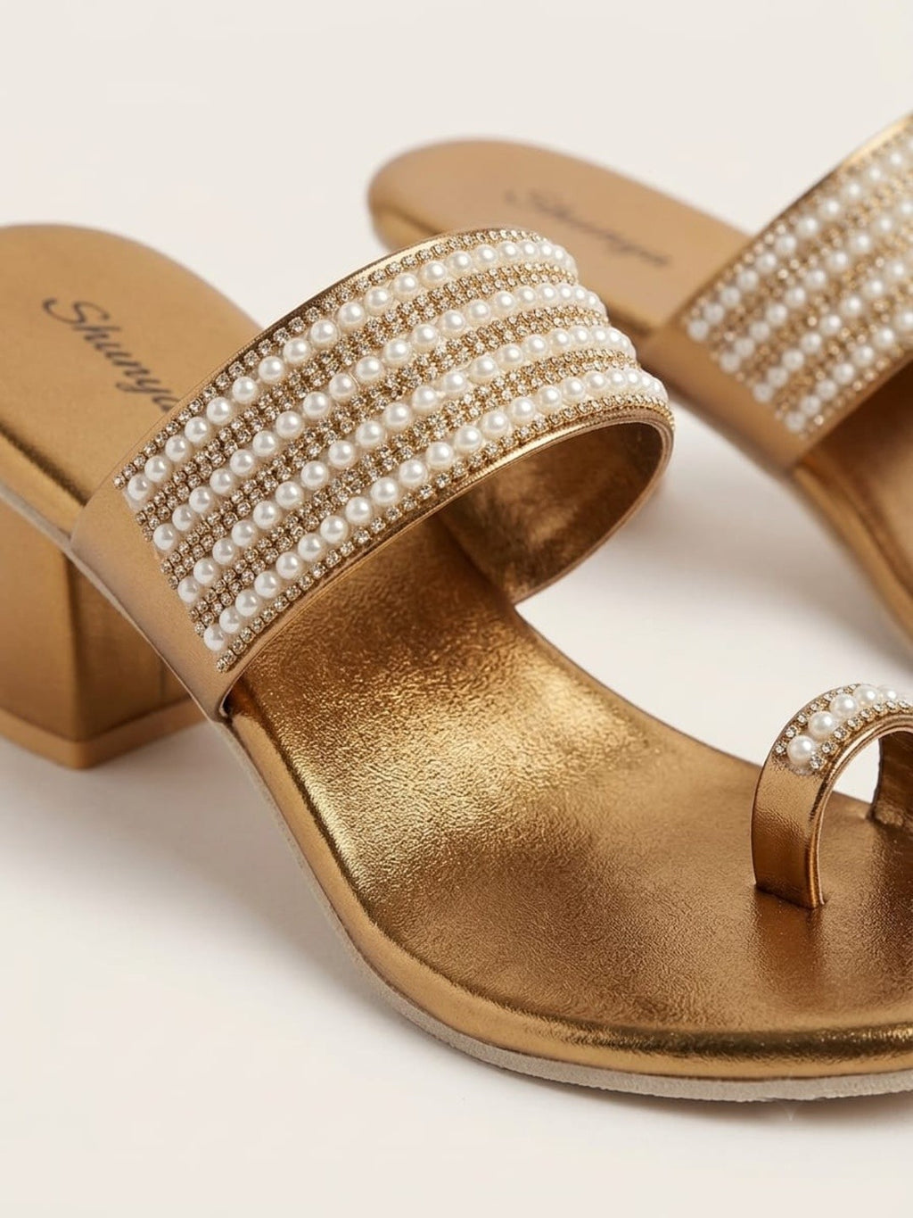 Antique Gold Pearl Toe-Ring Block Heels