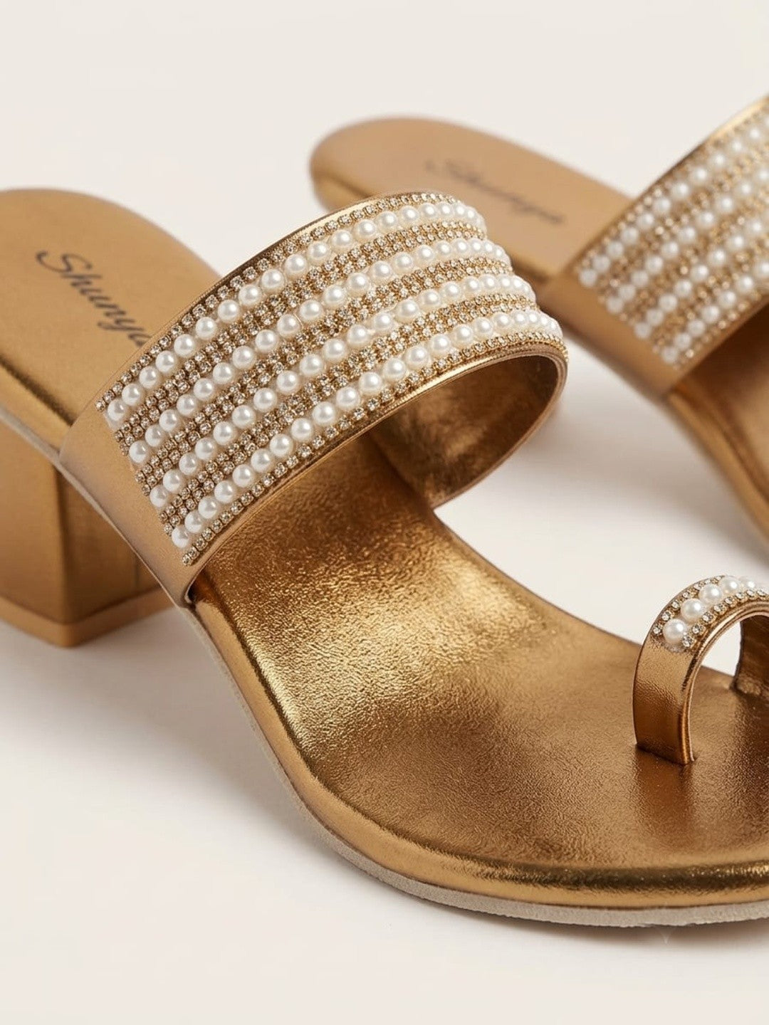 Antique Gold Pearl Toe-Ring Block Heels