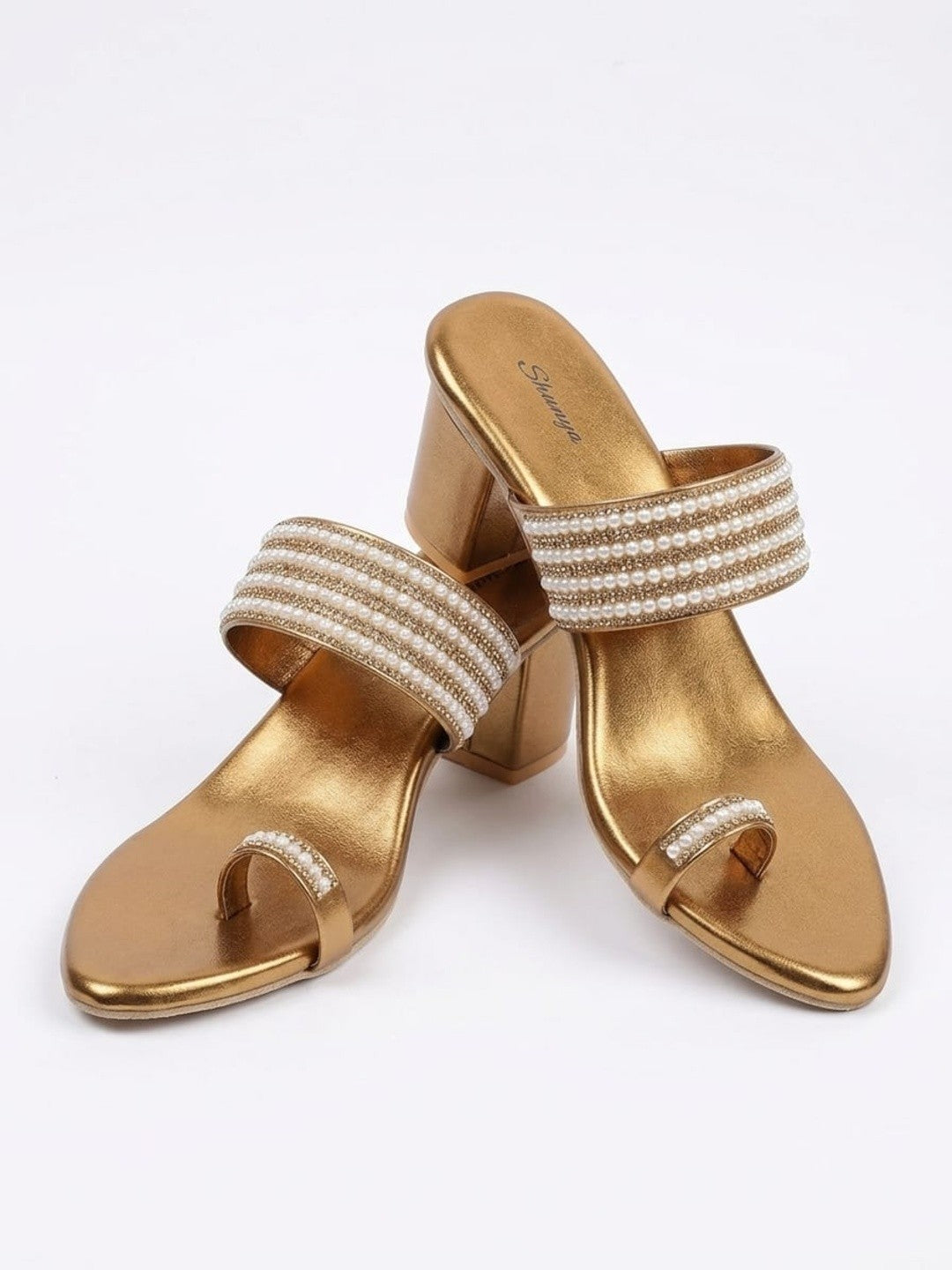 Antique Gold Pearl Toe-Ring Block Heels
