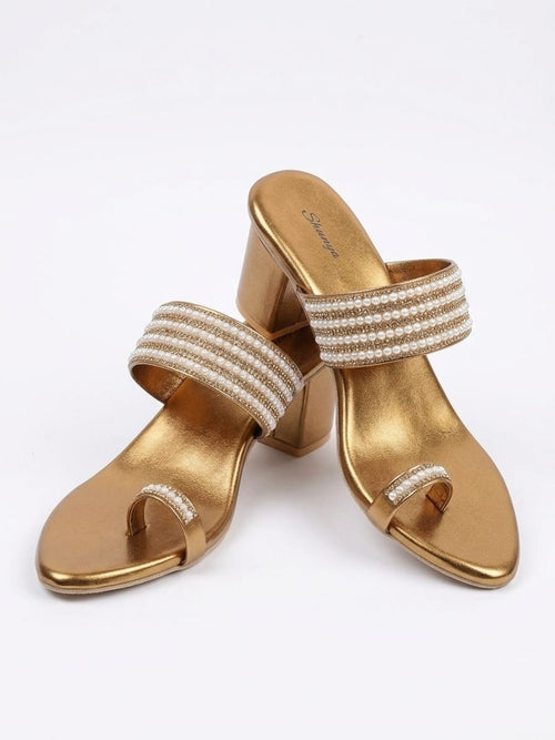 Antique Gold Pearl Toe-Ring Block Heels