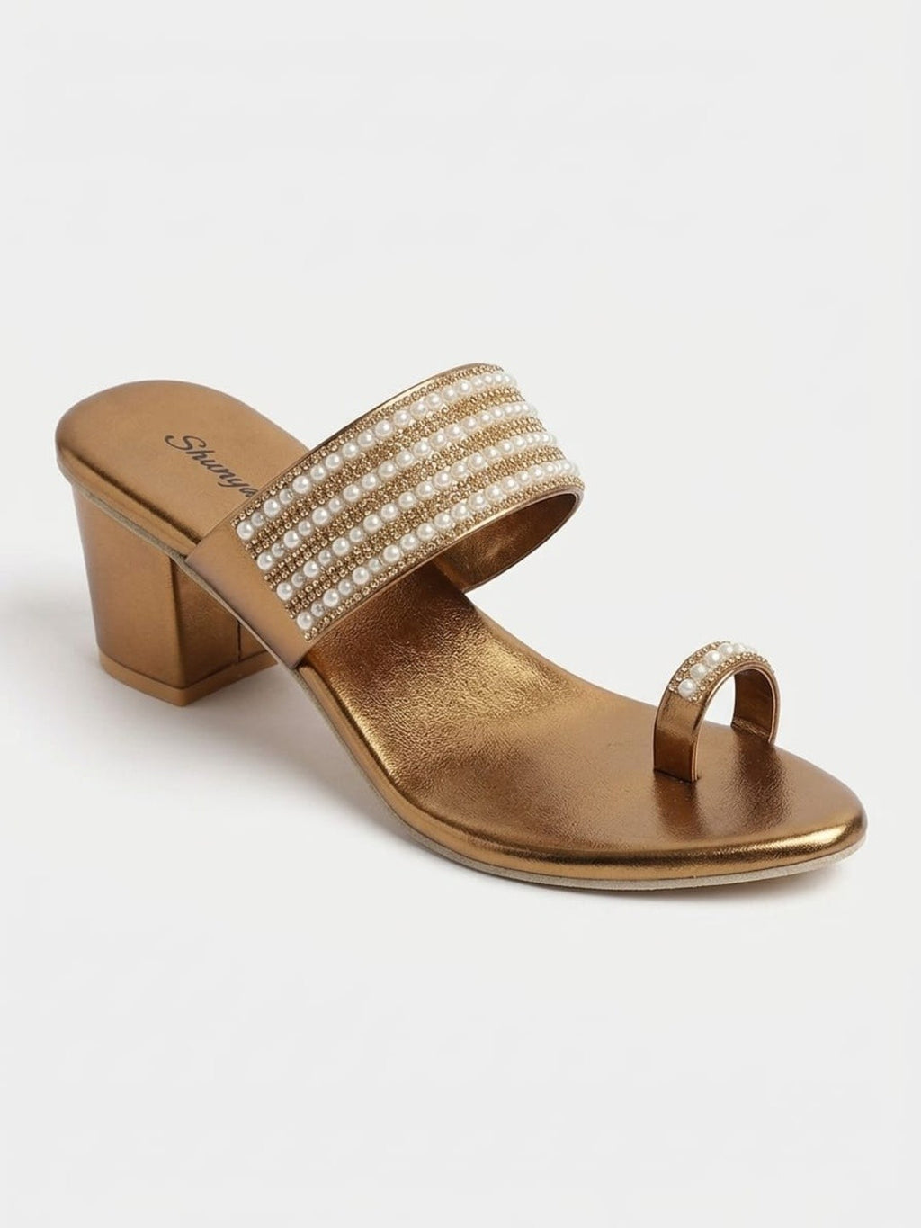 Antique Gold Pearl Toe-Ring Block Heels