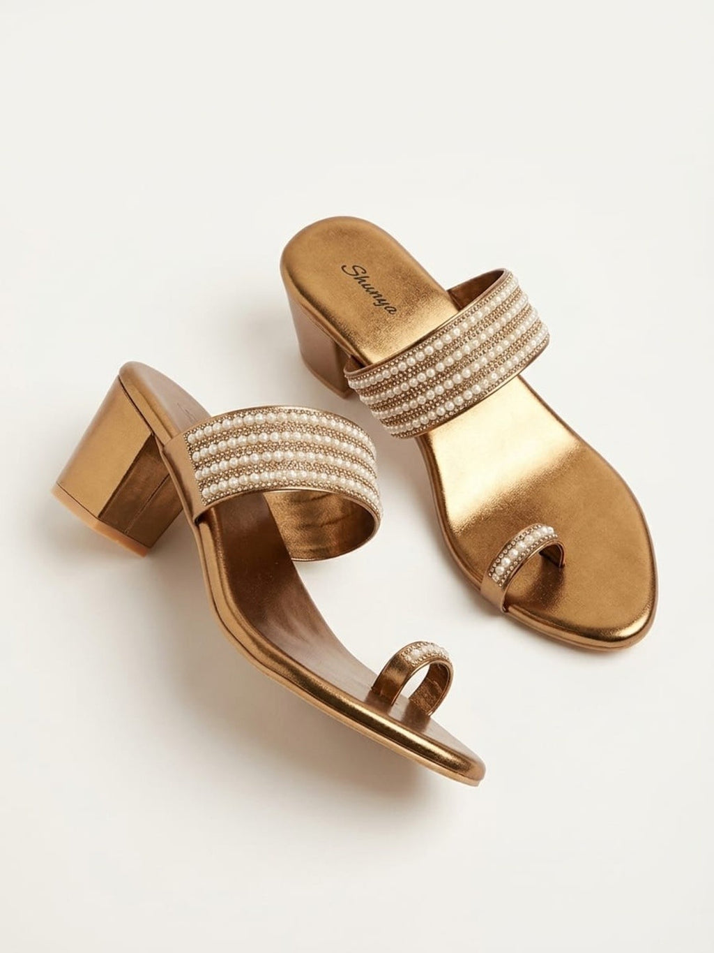 Antique Gold Pearl Toe-Ring Block Heels