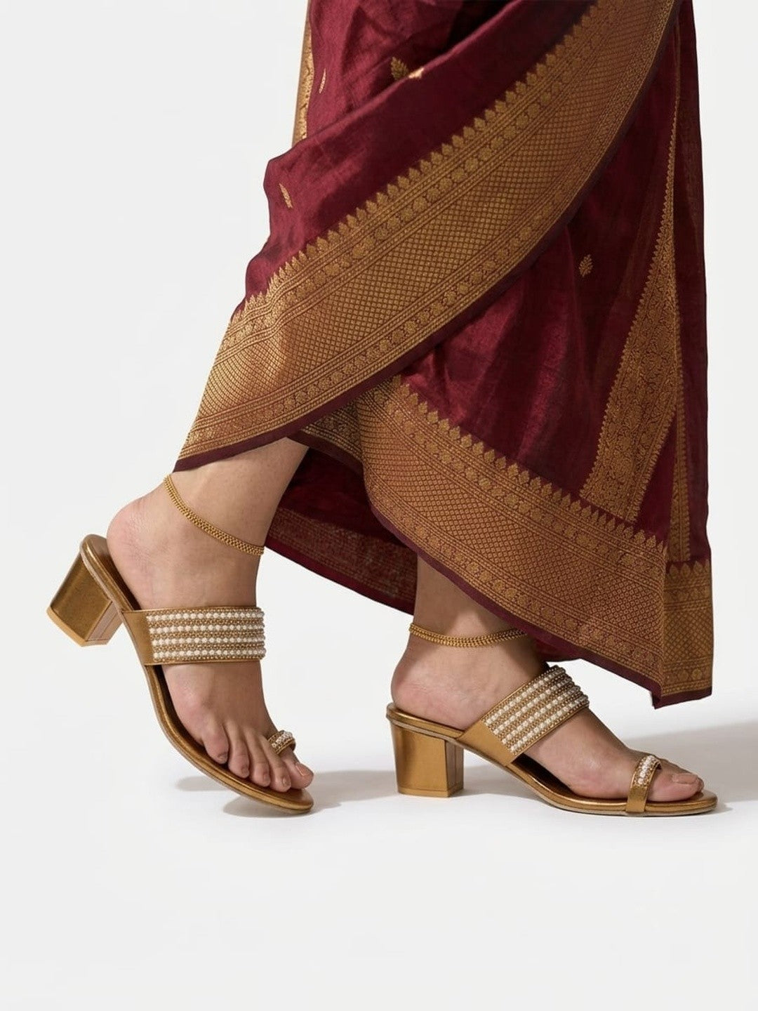 Antique Gold Pearl Toe-Ring Block Heels