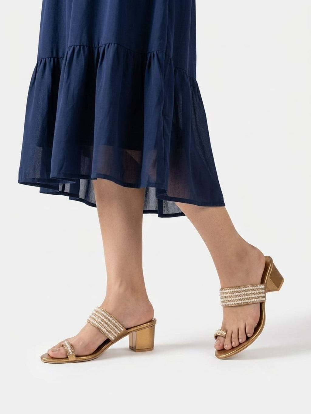 Antique Gold Pearl Toe-Ring Block Heels