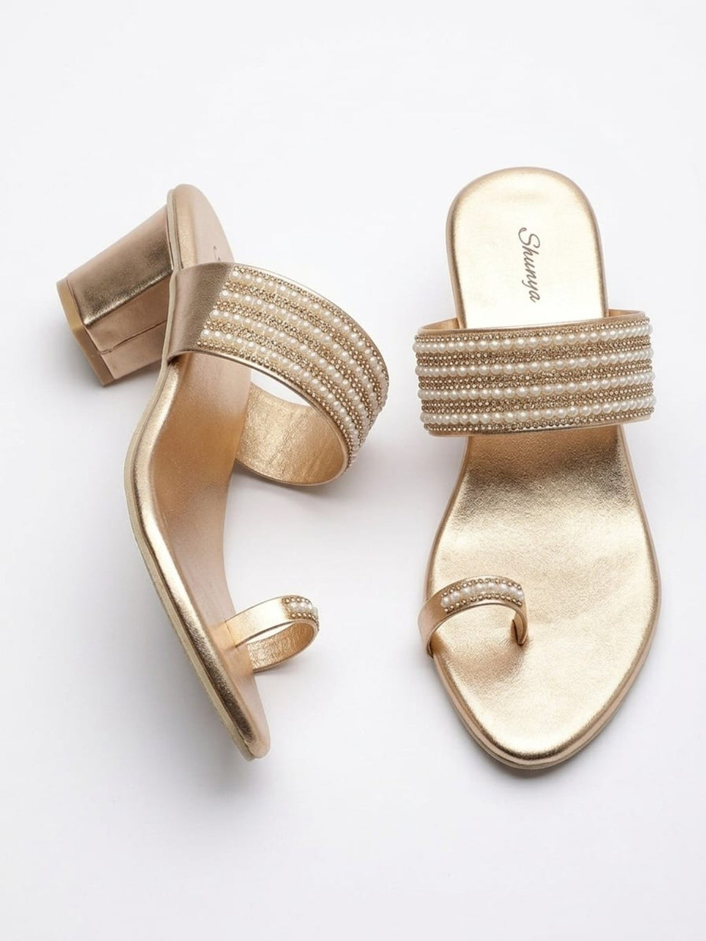 Rose Gold Pearl Toe-Ring Block Heels