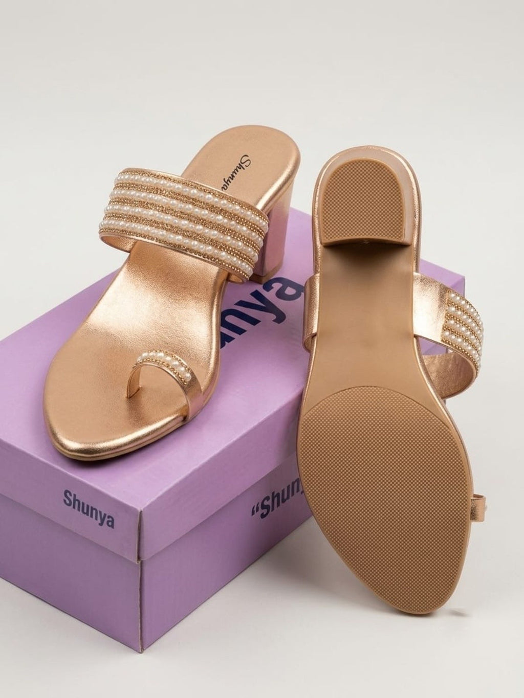 Rose Gold Pearl Toe-Ring Block Heels