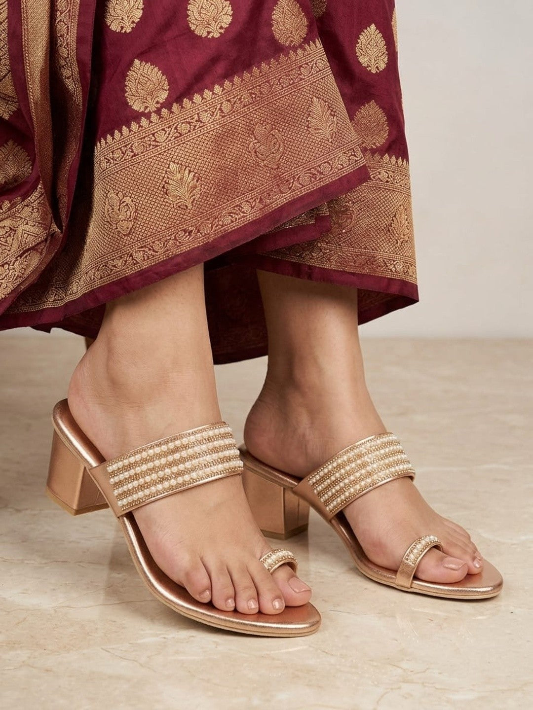 Rose Gold Pearl Toe-Ring Block Heels