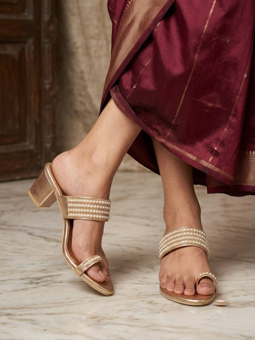 Rose Gold Pearl Toe-Ring Block Heels