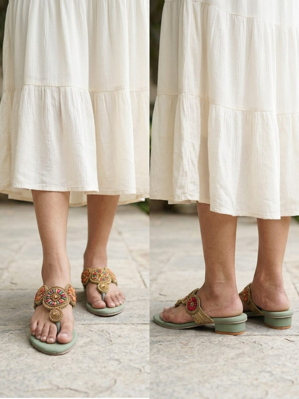Sage Green Beaded Low Block Heels