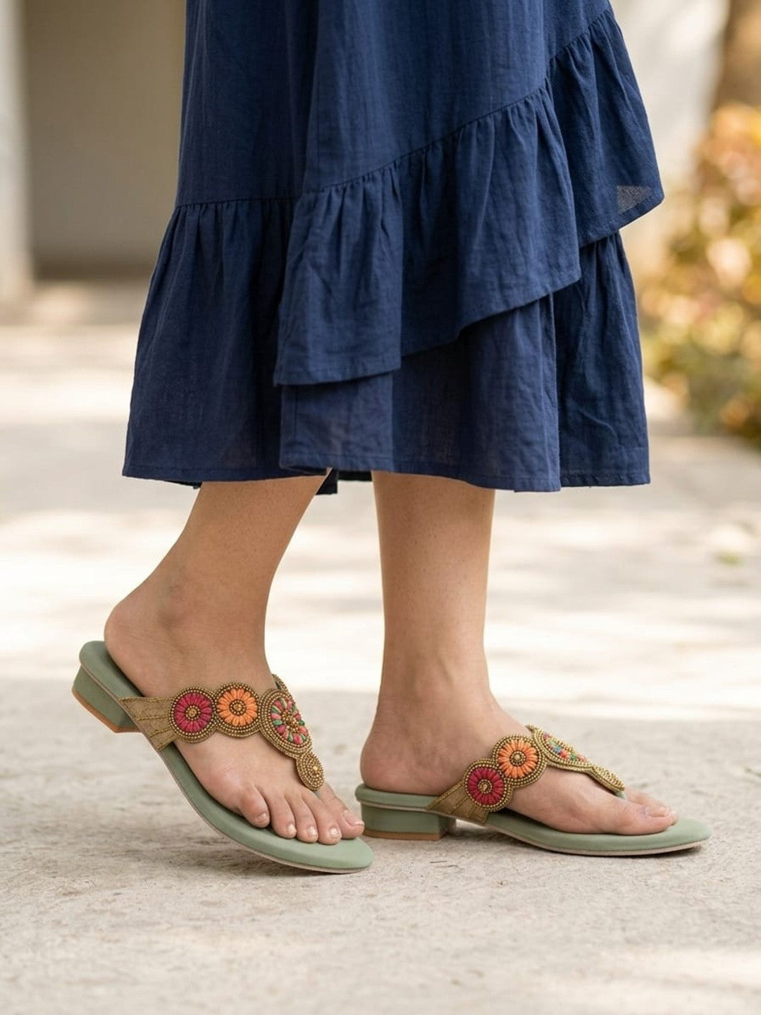 Sage Green Beaded Low Block Heels