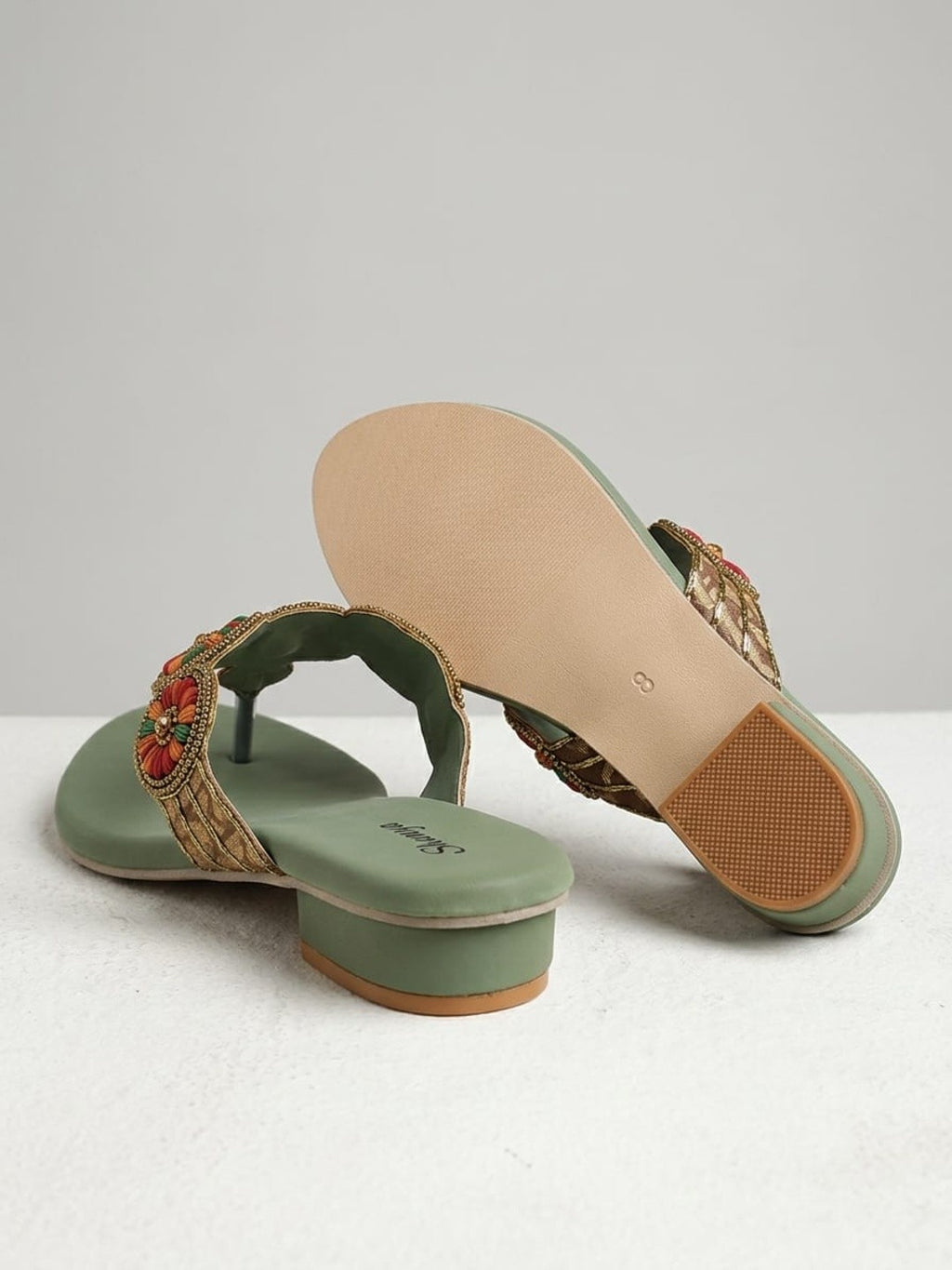 Sage Green Beaded Low Block Heels