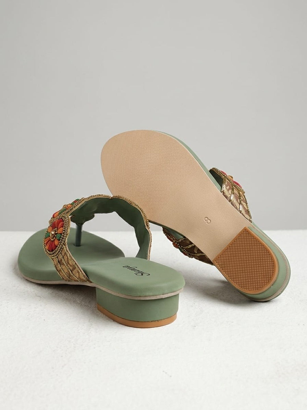 Sage Green Beaded Low Block Heels