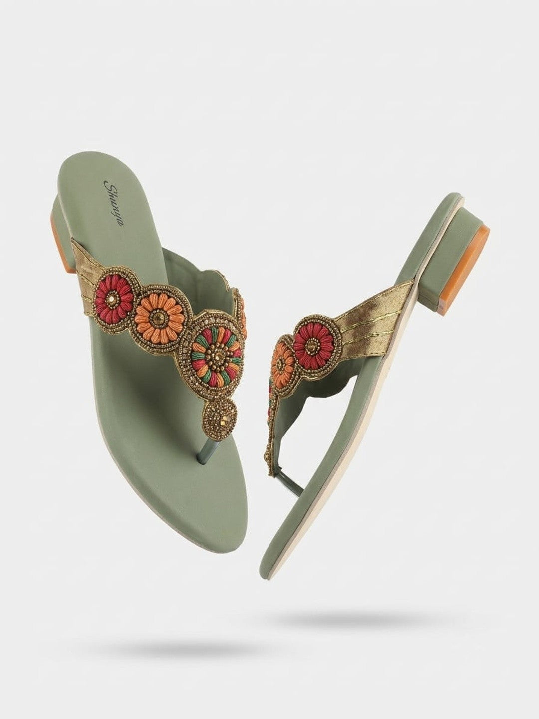 Sage Green Beaded Low Block Heels