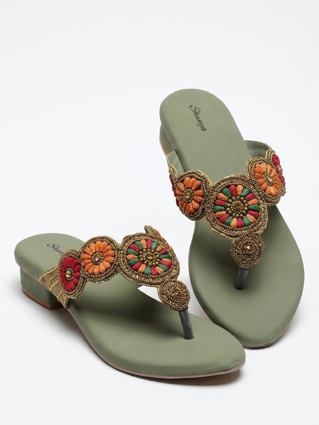 Sage Green Beaded Low Block Heels
