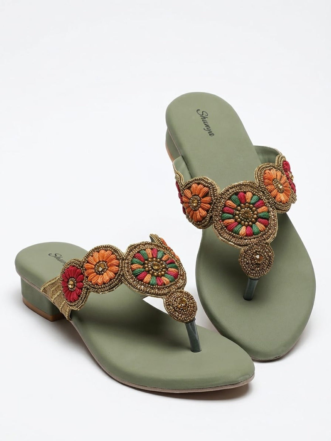 Sage Green Beaded Low Block Heels