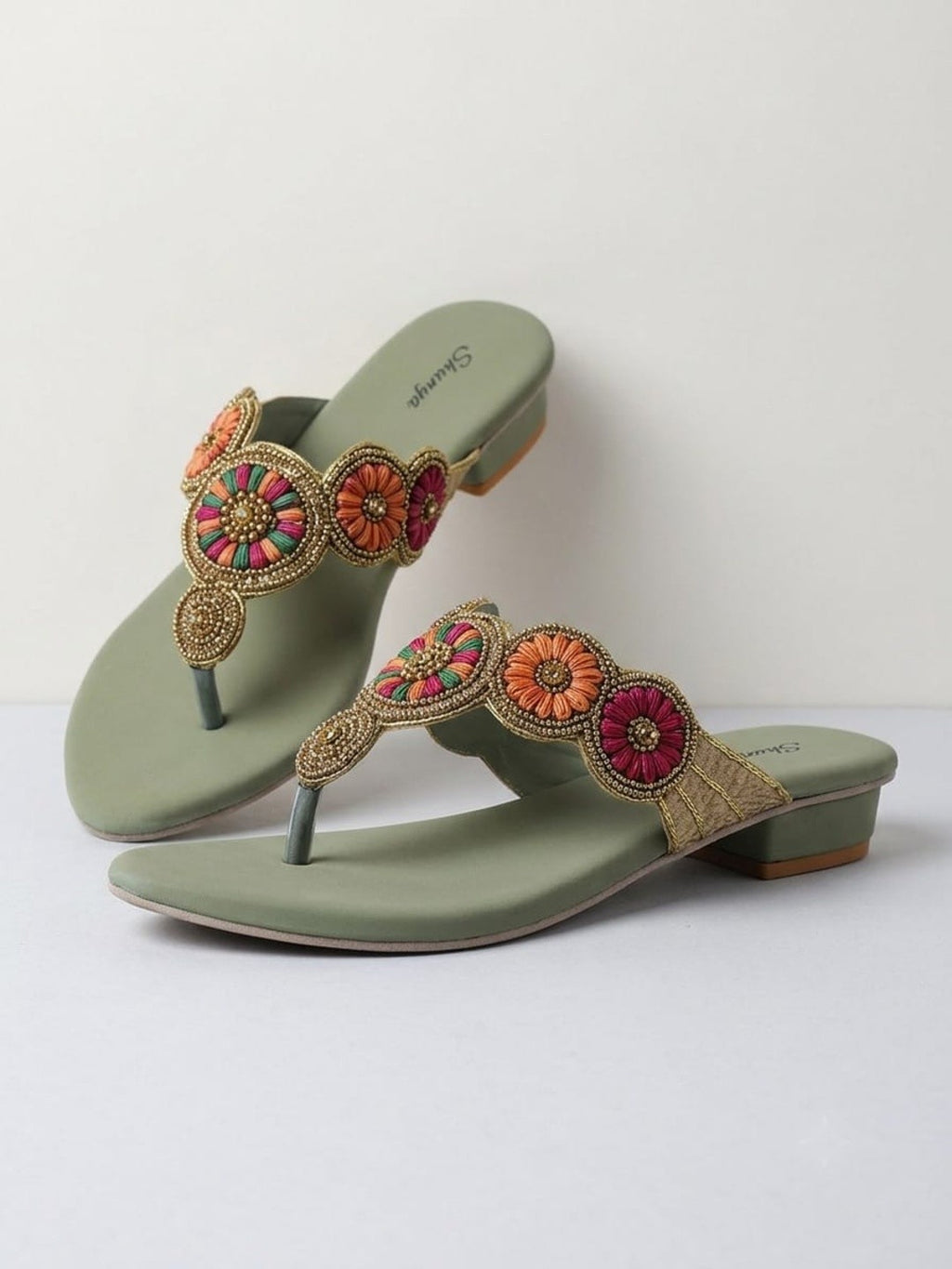 Sage Green Beaded Low Block Heels