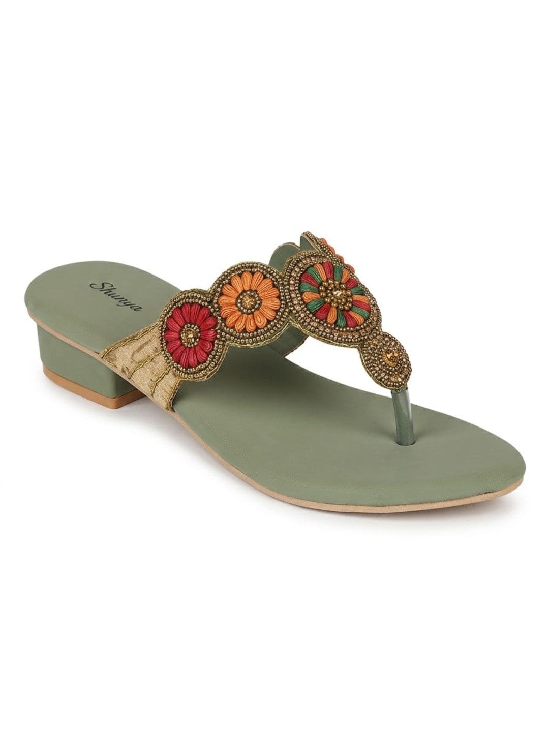 Sage Green Beaded Low Block Heels