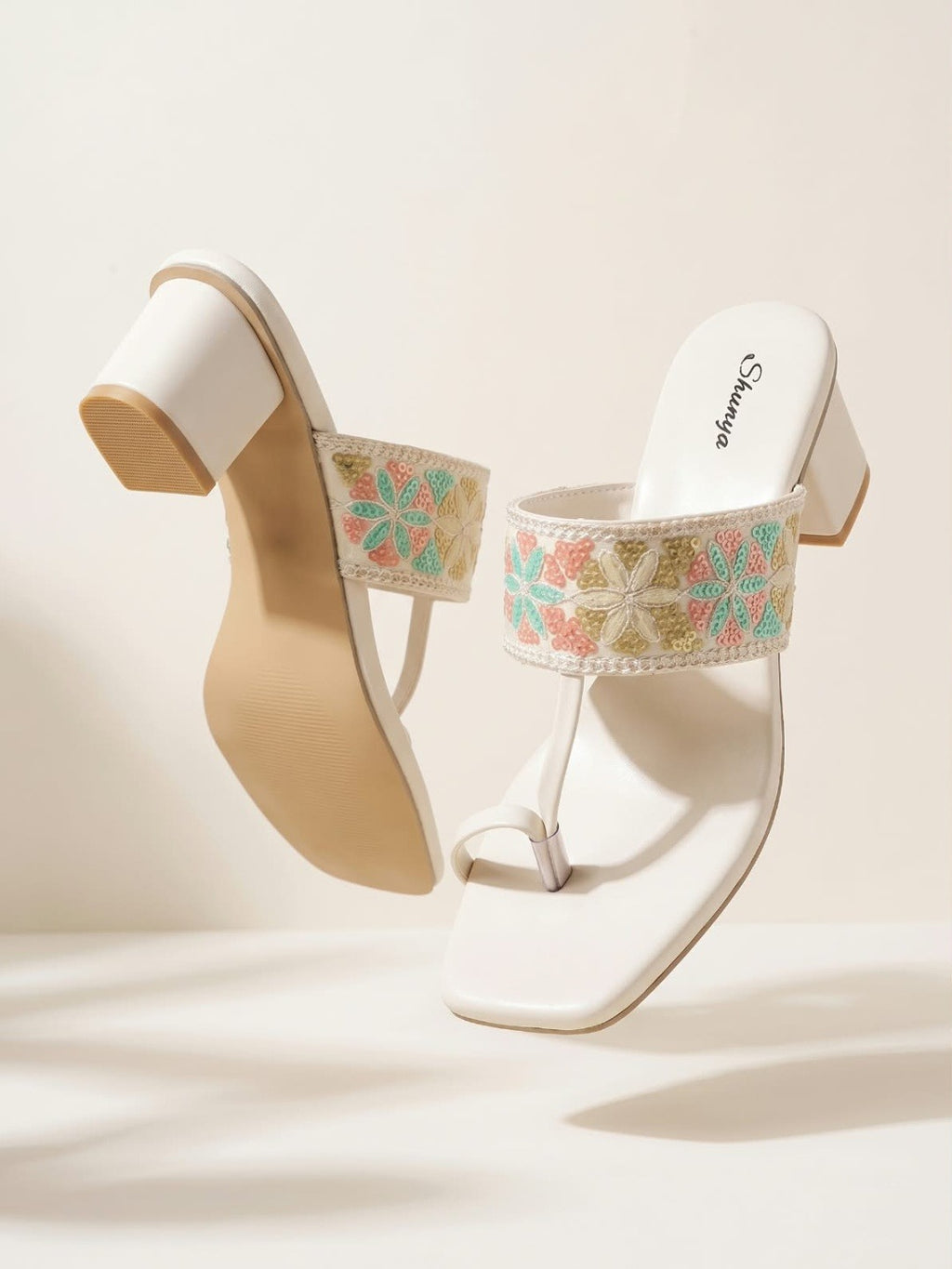 White Embroidered Toe-Ring Block Heels