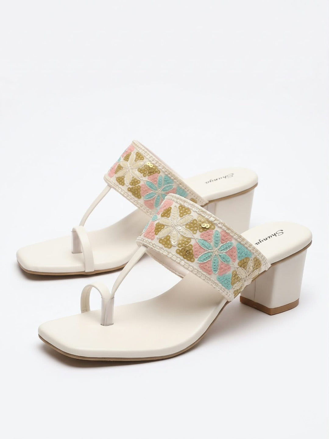 White Embroidered Toe-Ring Block Heels