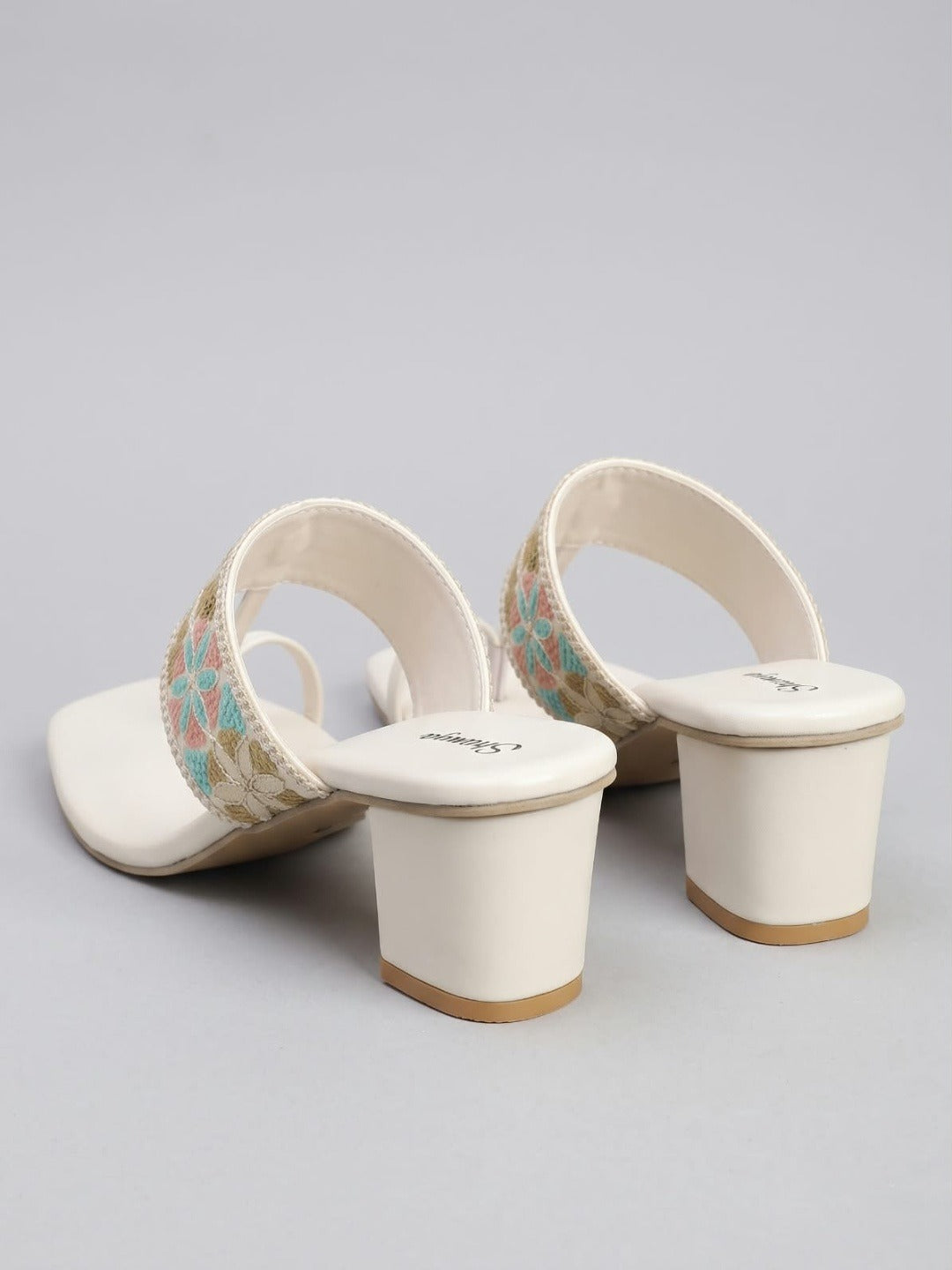 White Embroidered Toe-Ring Block Heels
