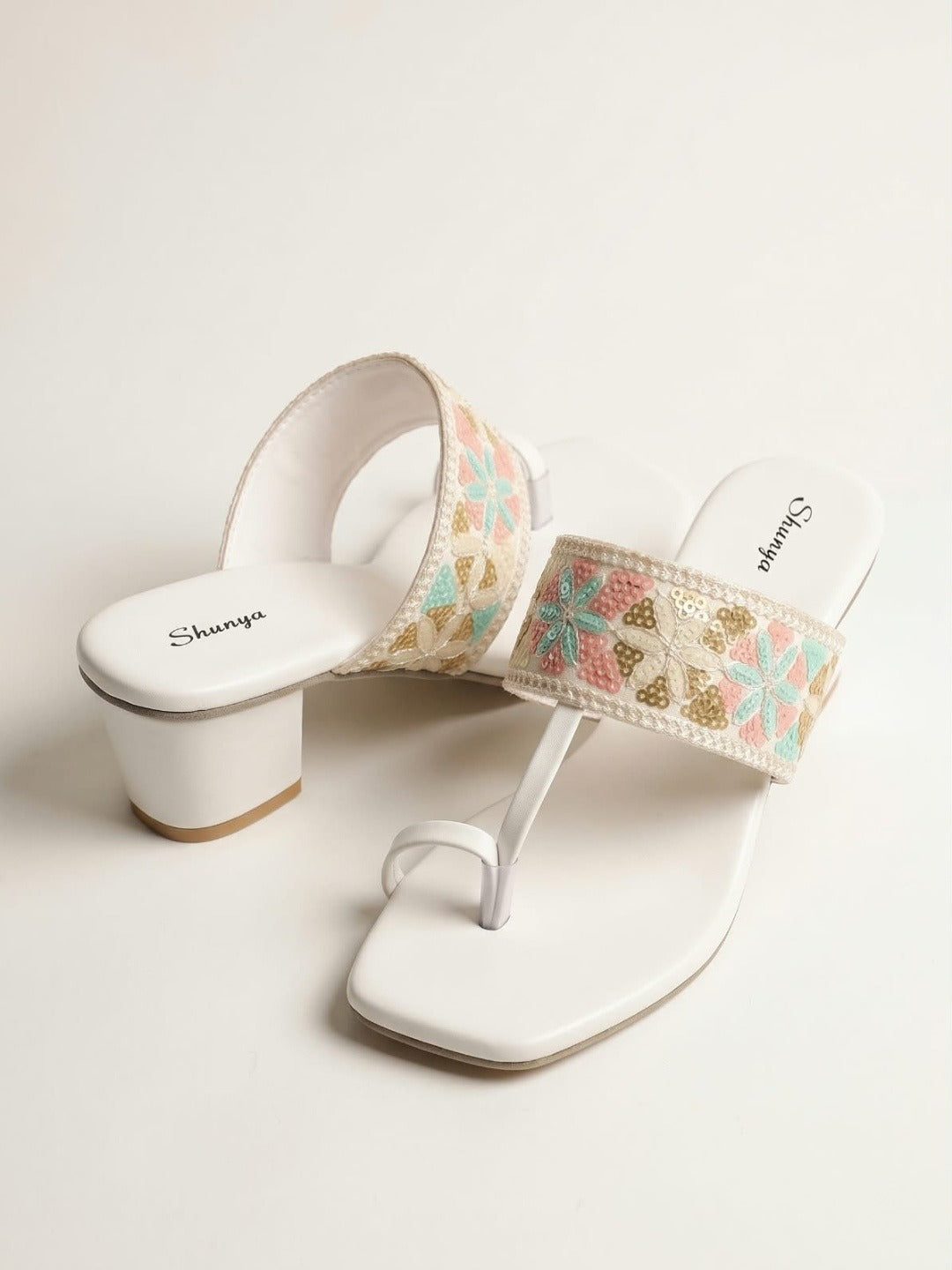 White Embroidered Toe-Ring Block Heels