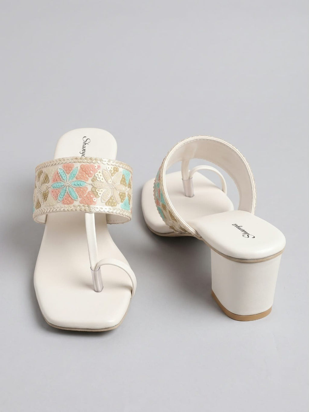 White Embroidered Toe-Ring Block Heels