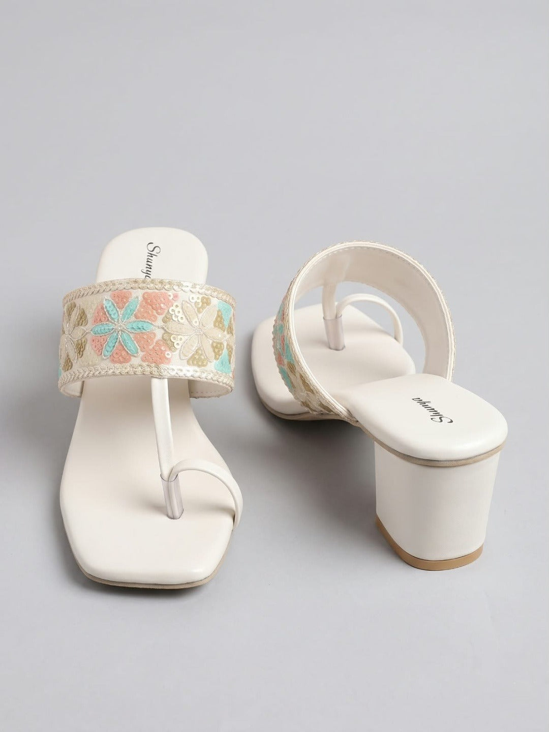 White Embroidered Toe-Ring Block Heels