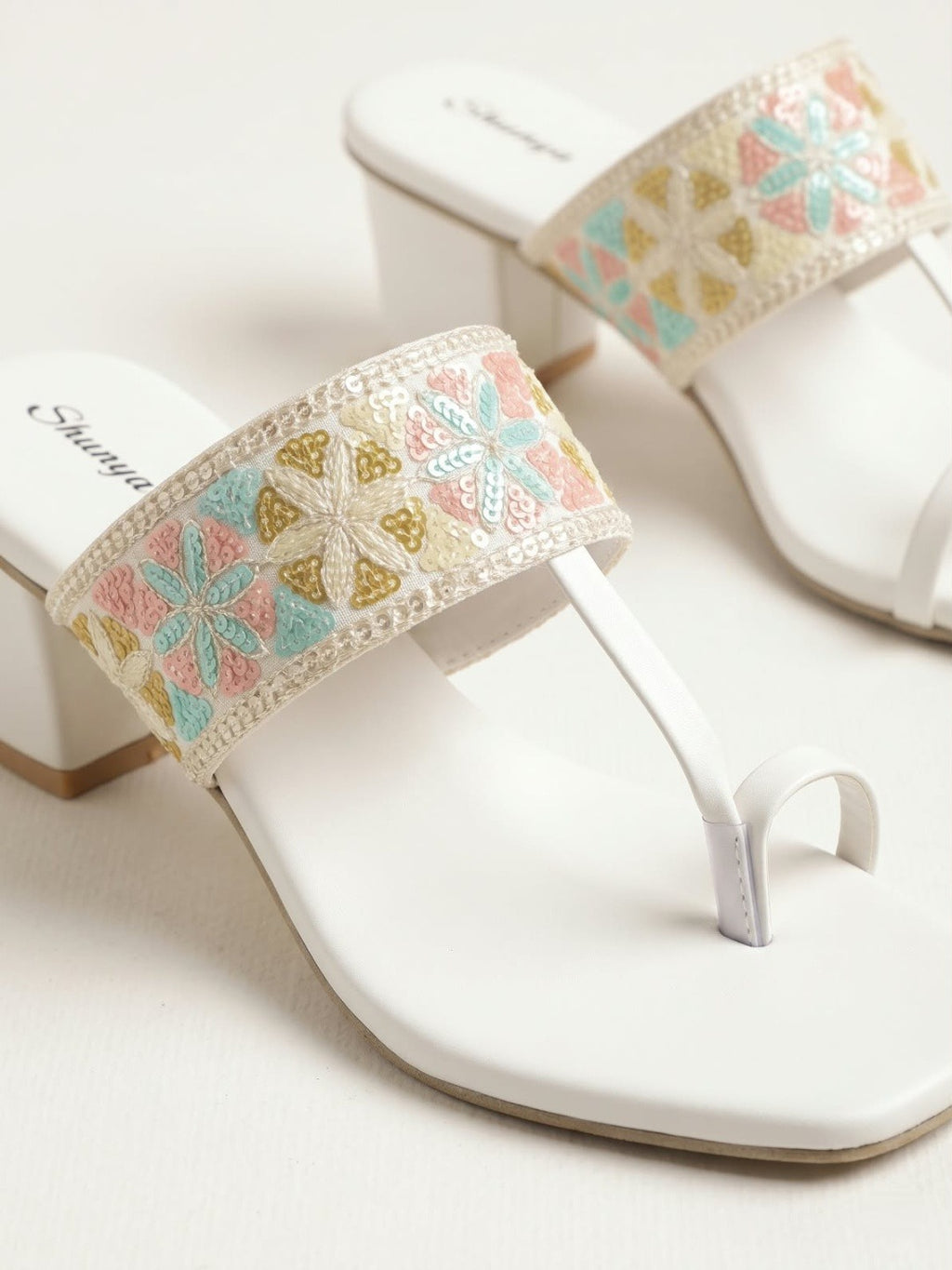 White Embroidered Toe-Ring Block Heels