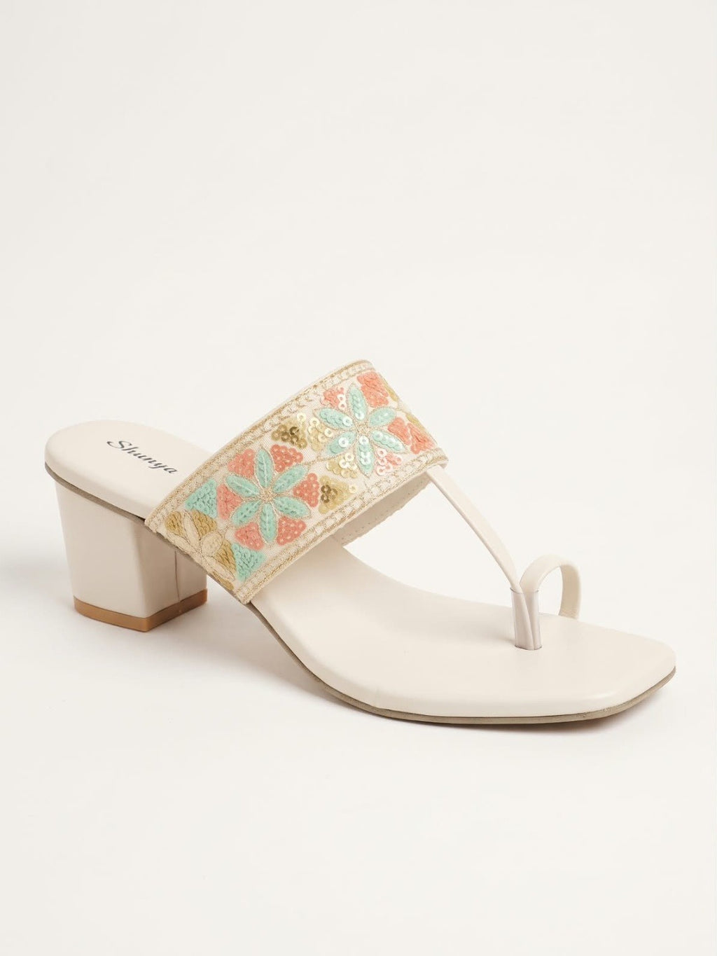 White Embroidered Toe-Ring Block Heels