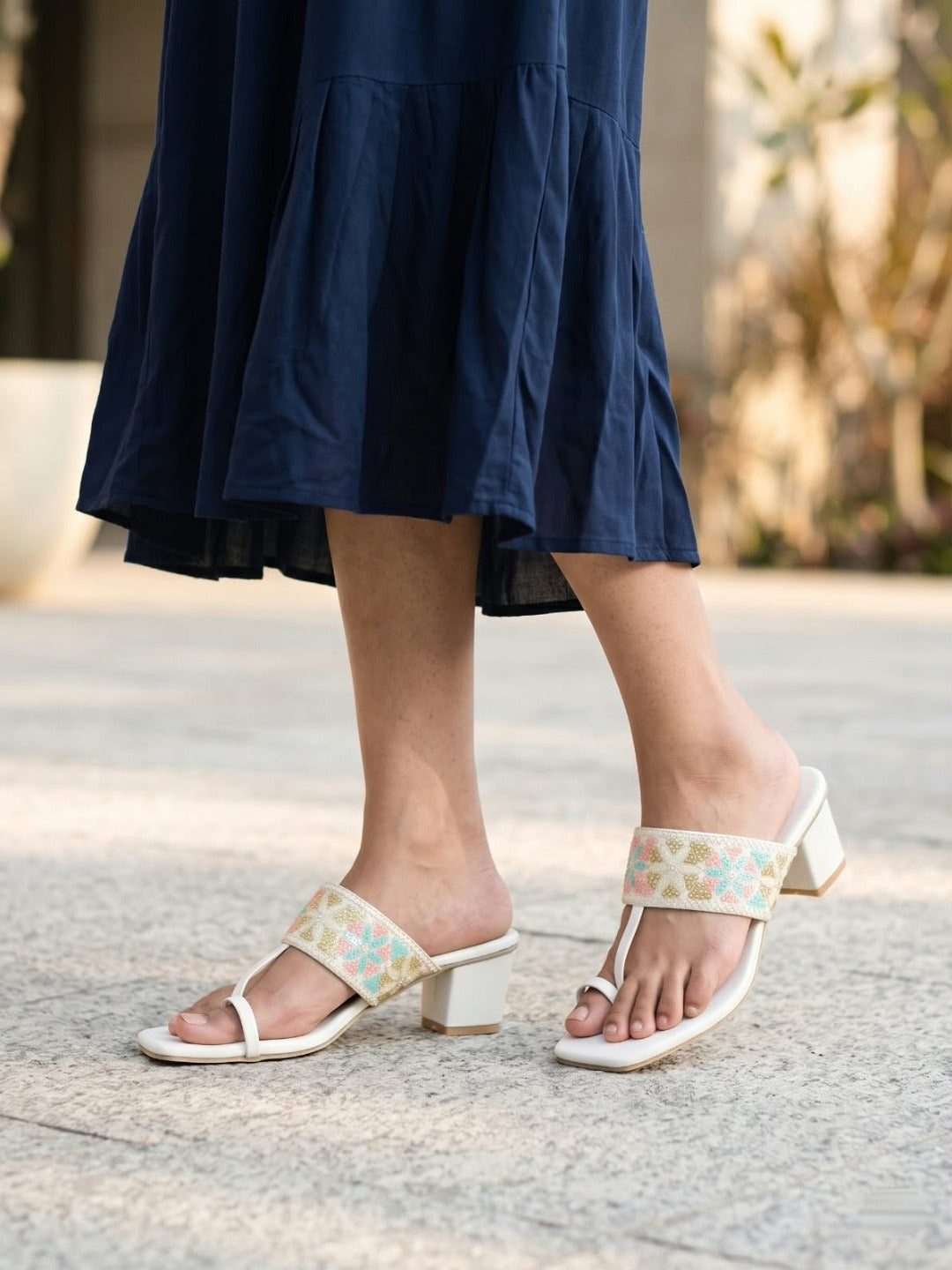 White Embroidered Toe-Ring Block Heels