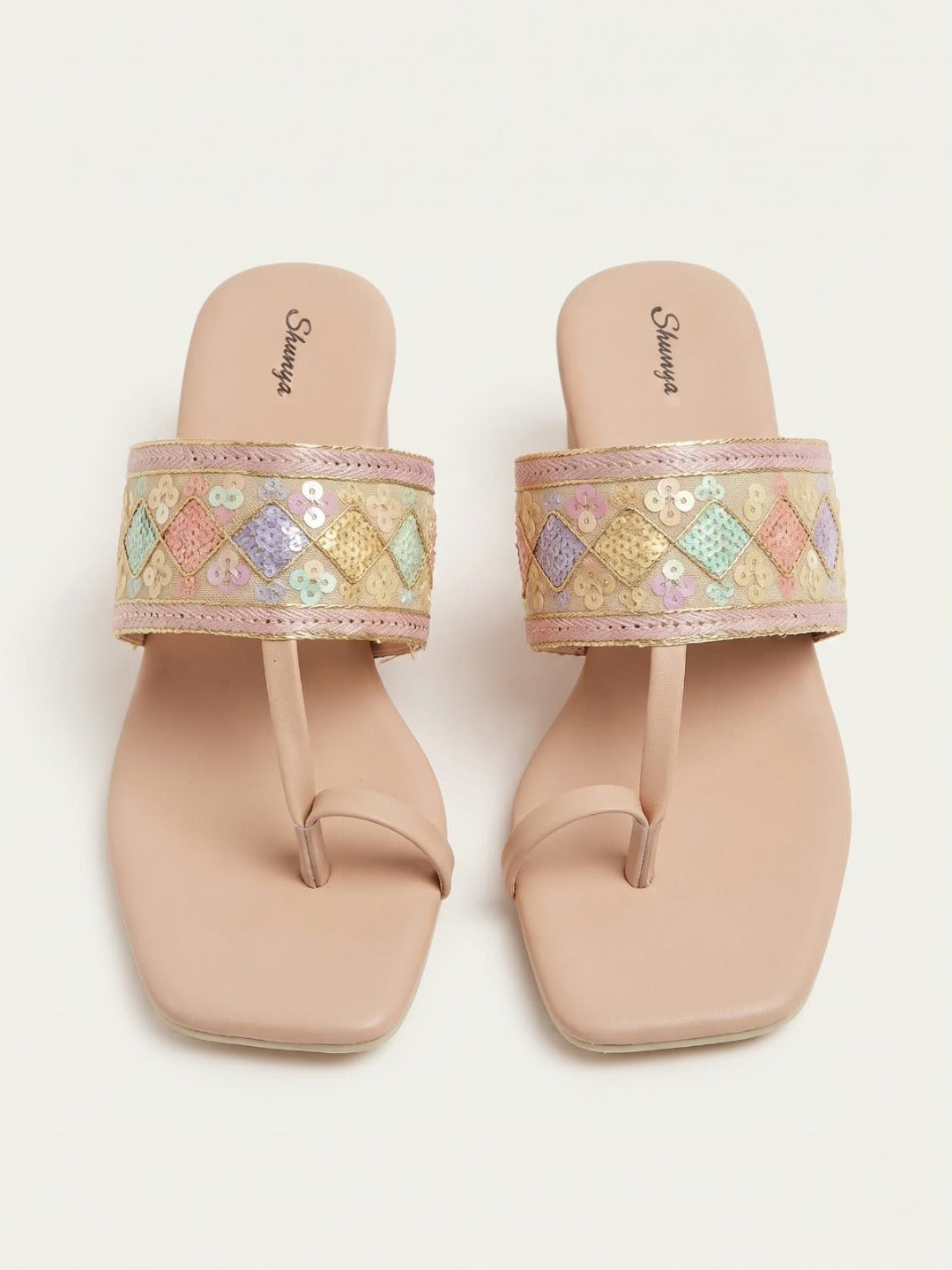 Peach Embroidered Toe-Ring Block Heels