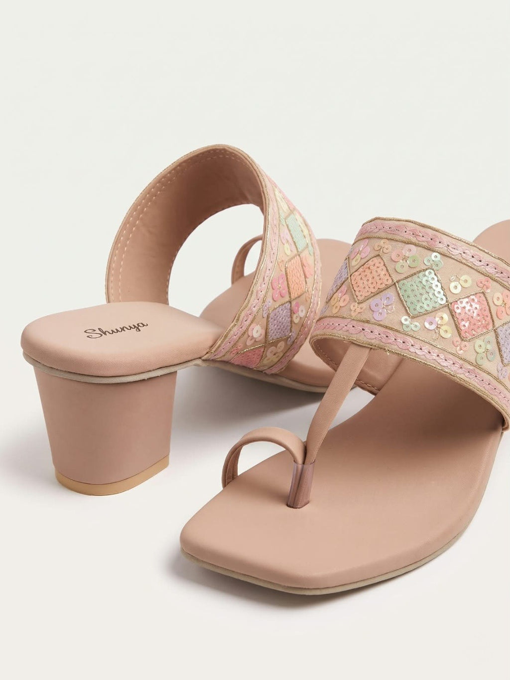 Peach Embroidered Toe-Ring Block Heels
