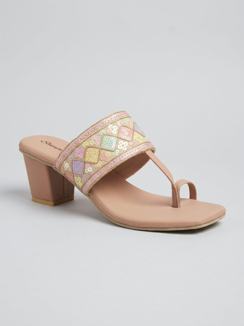 Peach Embroidered Toe-Ring Block Heels