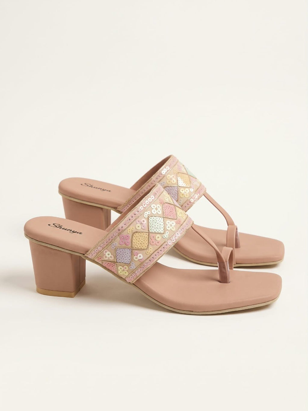 Peach Embroidered Toe-Ring Block Heels