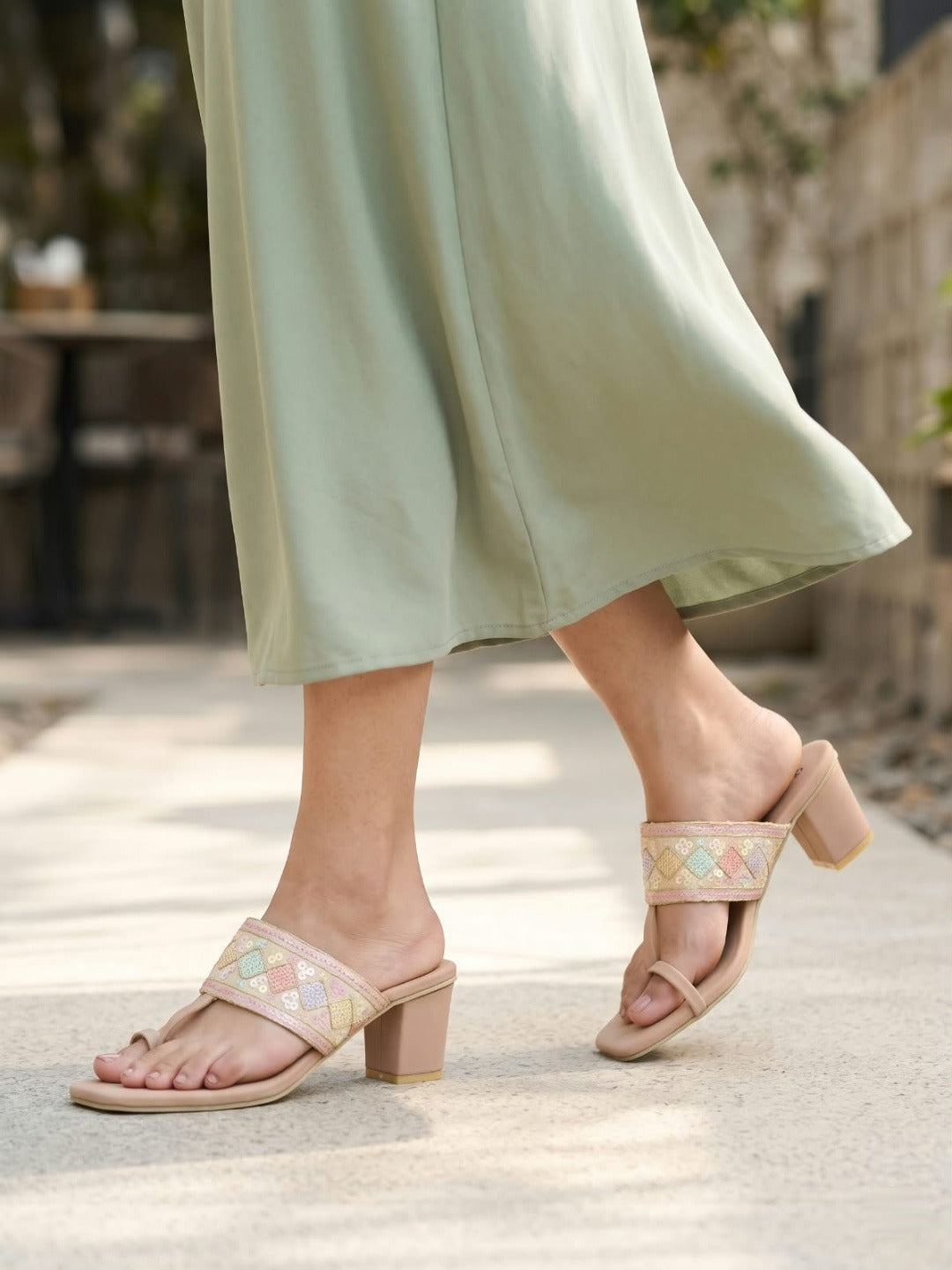 Peach Embroidered Toe-Ring Block Heels