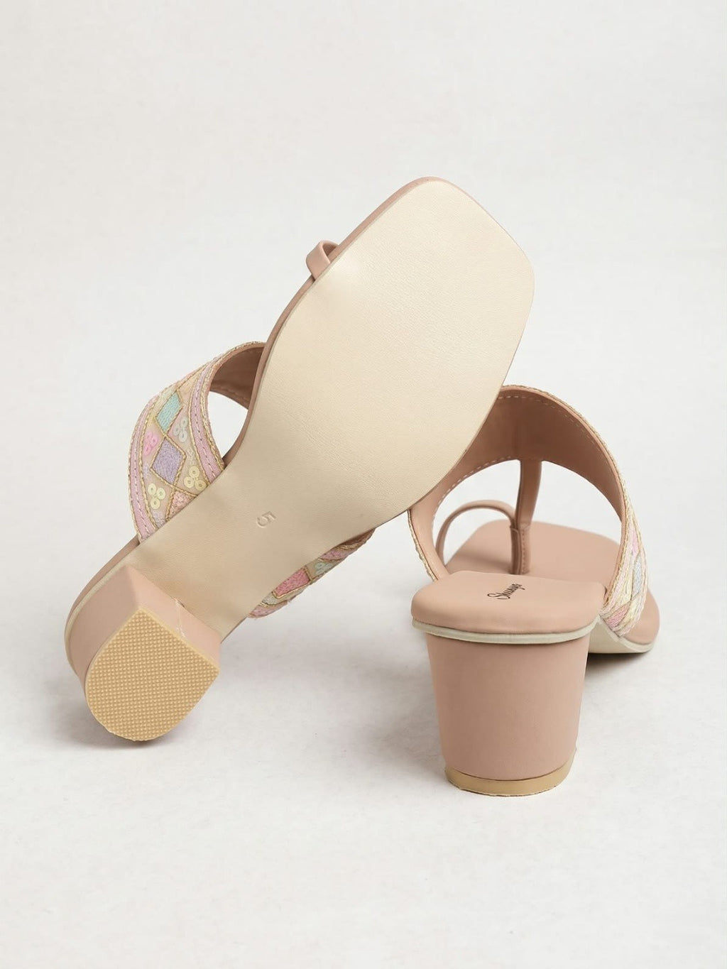 Peach Embroidered Toe-Ring Block Heels