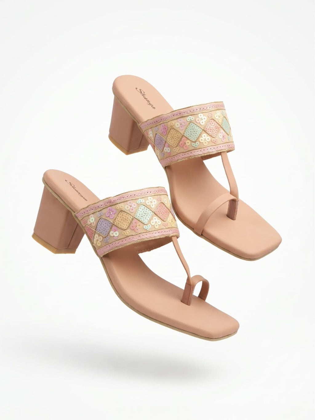 Peach Embroidered Toe-Ring Block Heels