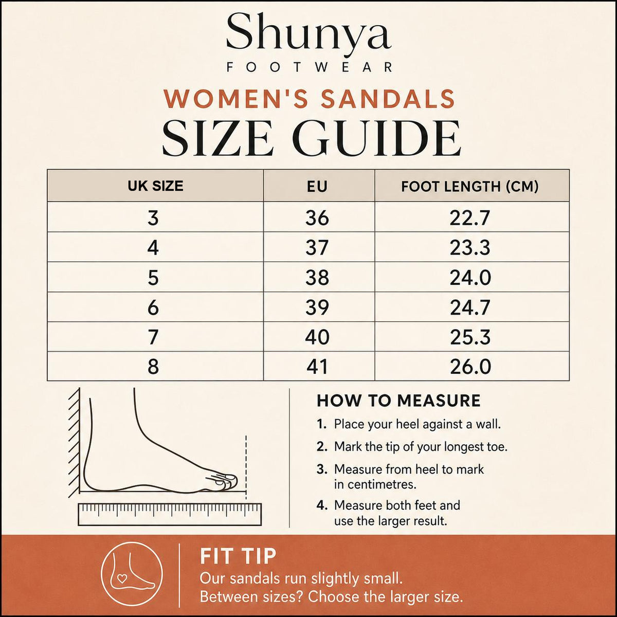 Shunya women's sandals size guide