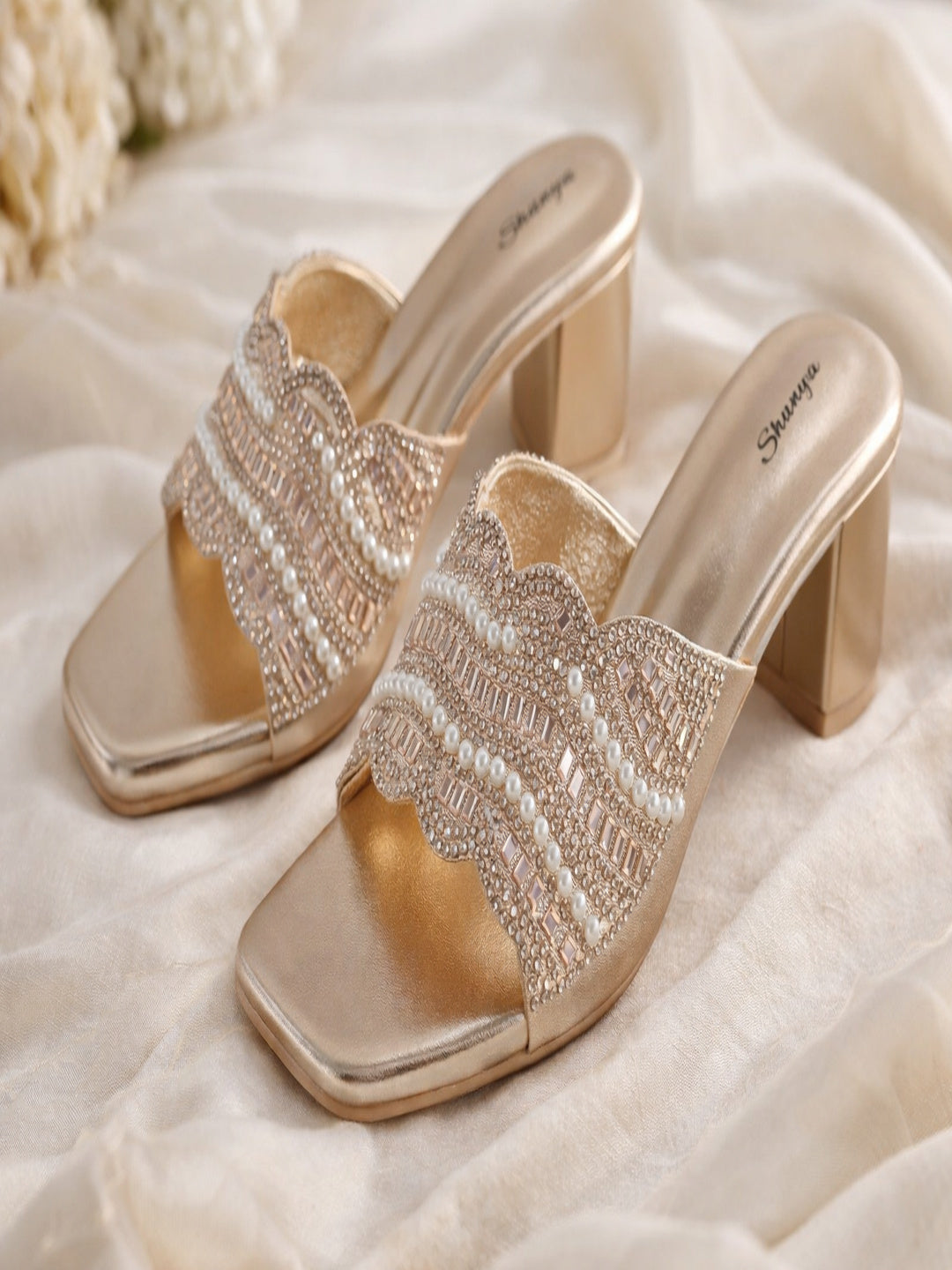 Elegant Champagne Gold Pearl Embellished Block Heel Sandals