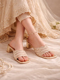 Elegant Champagne Gold Pearl Embellished Block Heel Sandals