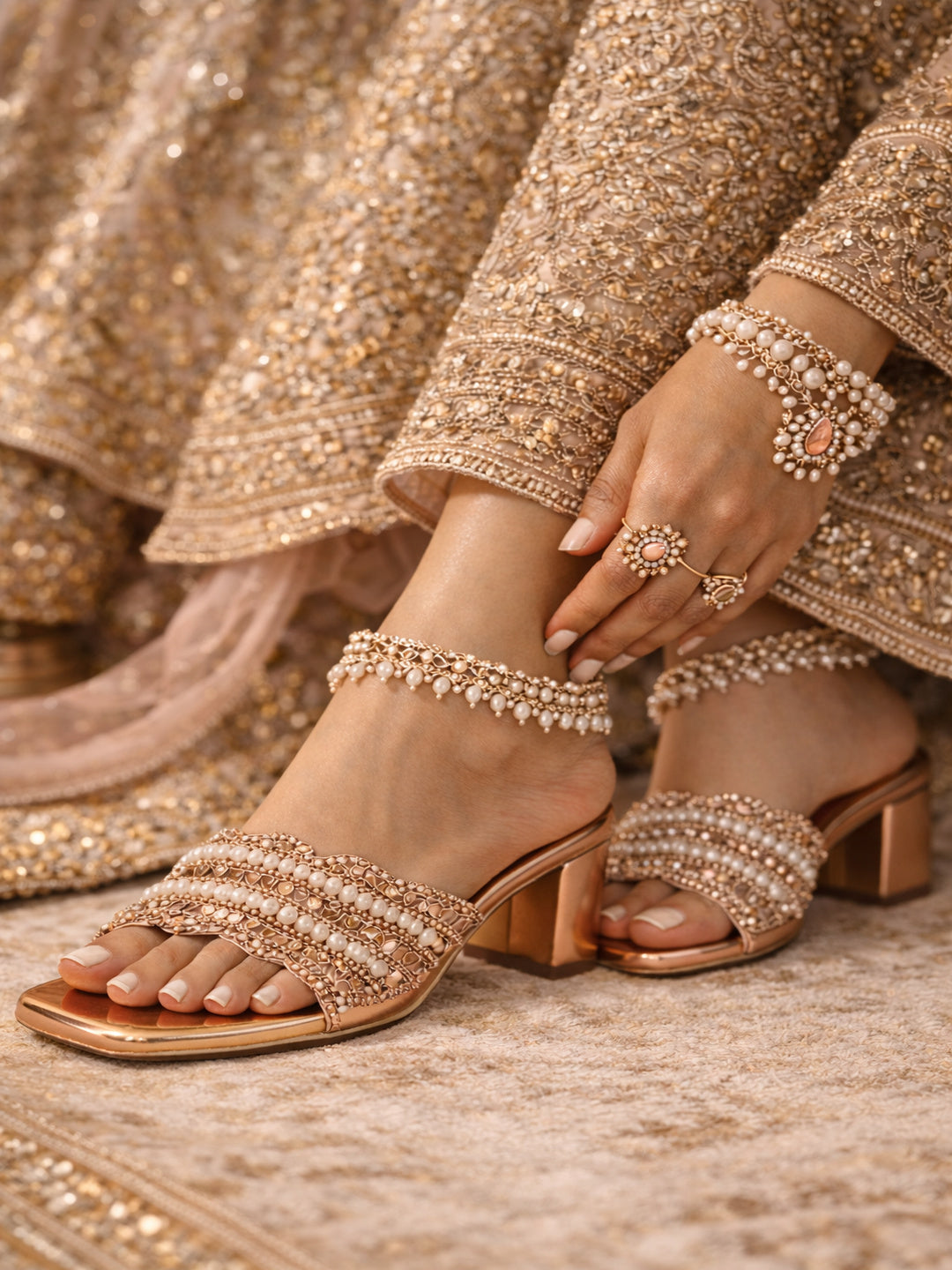 Elegant Champagne Gold Pearl Embellished Block Heel Sandals