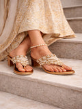 Premium Copper Pearl-Studded T-Strap Block Heel Sandals